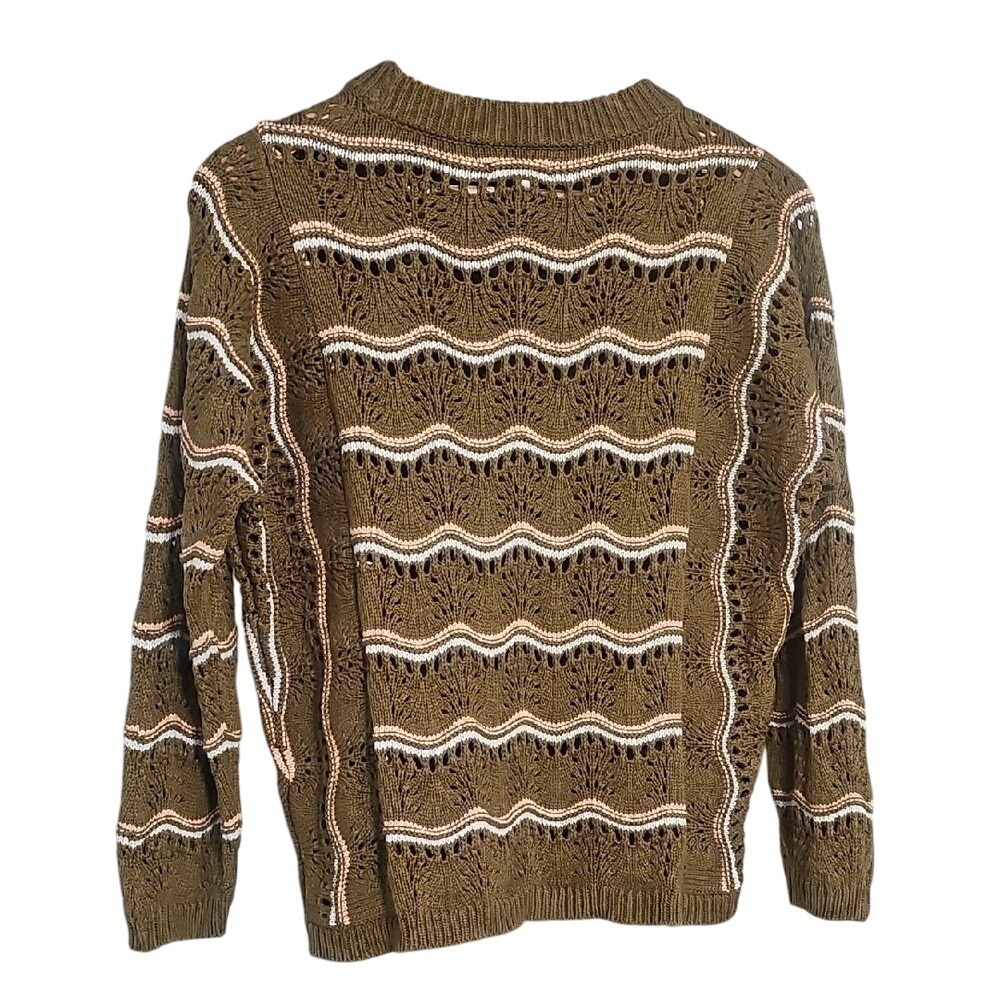 Knit‎ Sweater Green Maurices Olive Green with Peach & White Stripes Size S EUC